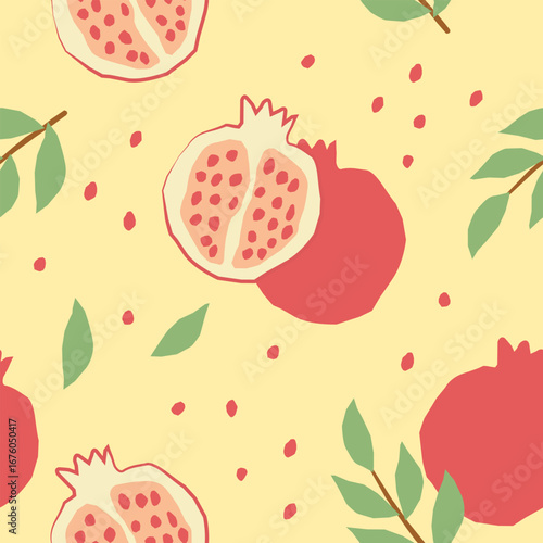 Seamless pattern with pomegranate and leaves. Playful hand-drawn background for organic products, cosmetics, surface design