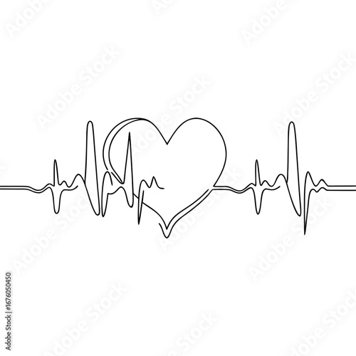 Continuous line heart and heartbeat ECG design on white background  