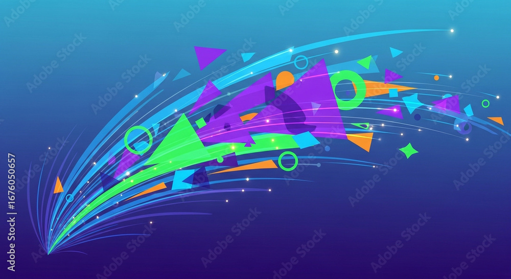 Fototapeta premium A vibrant vector graphic features a comet-like burst of colorful geometric shapes. The artwork would be appropriate for illustrating new creative ideas or marketing technology.