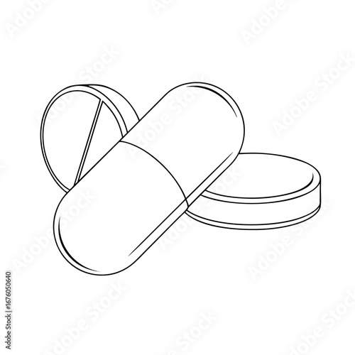 Capsules and tablets in outline style representing medication  