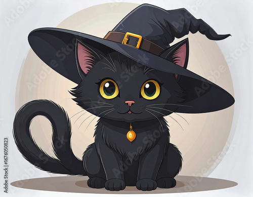 A cute, cartoon black cat with a Halloween hat sits on a white background, a funny feline design