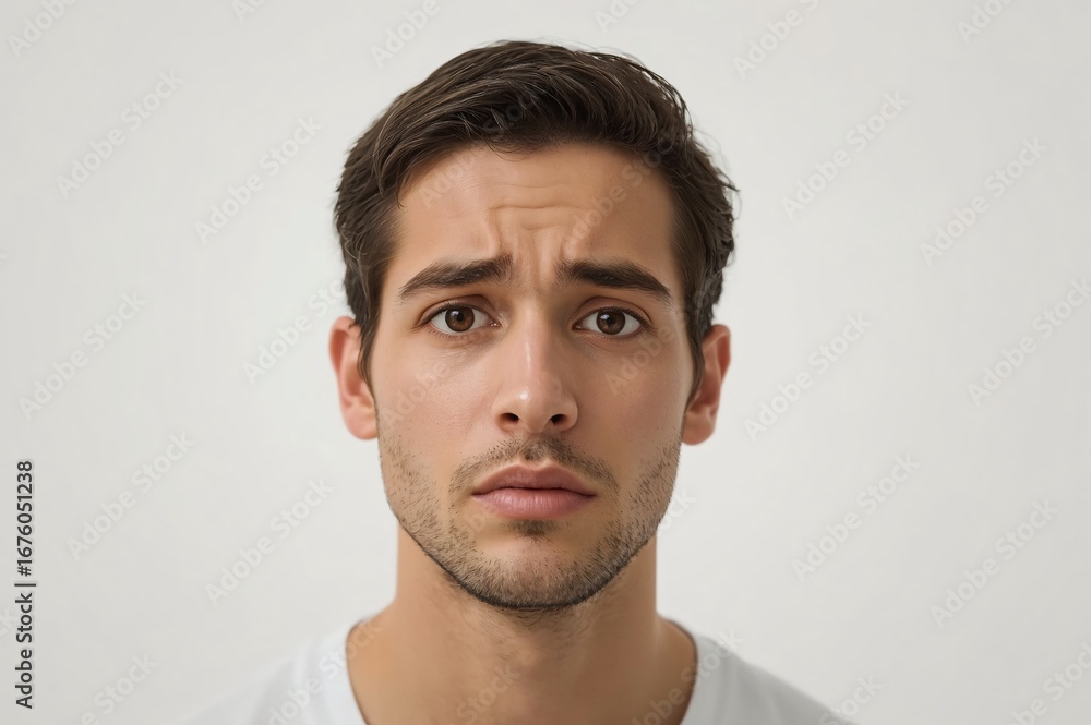 Fototapeta premium Studio portrait young man frowning, white background