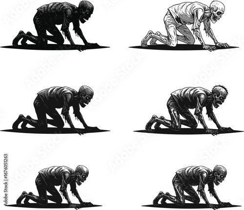 Zombie crawling on the ground, undead creature, horror figure, creepy art, apocalyptic monster, crawling zombie, eerie movement