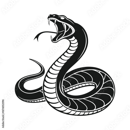 A striking black and white illustration of a snake coiled with its mouth open and tongue extended outward