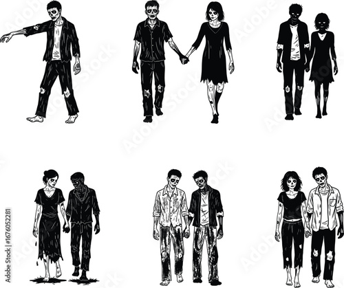 Zombie couple holding hands, walking undead figures, creepy horror art, apocalyptic love, creepy zombie figures, walking apocalypse.