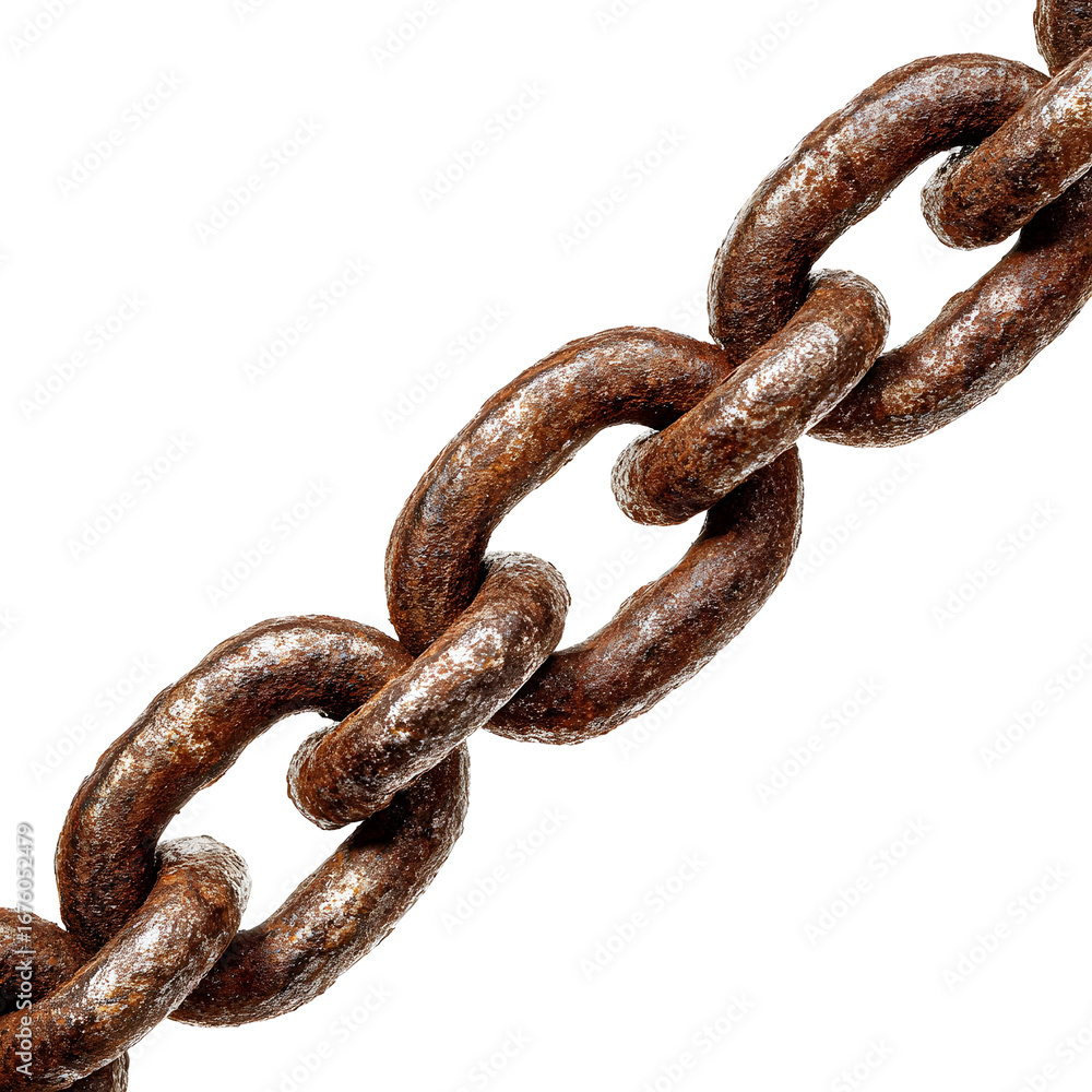 Fototapeta premium Close-up of weathered and rusted metal chain links against a dark background