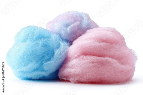 Three fluffy cotton candy balls, light blue, pink, and lavender, clustered together against a white background