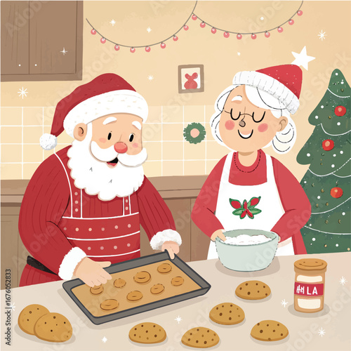 Santa and Mrs. Claus Baking Christmas Cookies Together in Cozy Kitchen