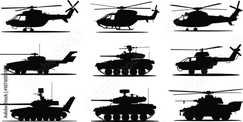 Military vehicle silhouette, tank icon, helicopter shape, armored transport, combat machine, war equipment, defense graphic, weapon system, army gear, black outline