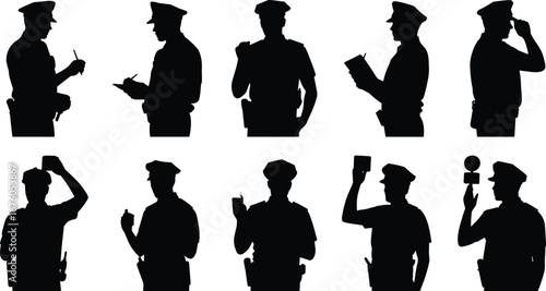 Police officer silhouettes, law enforcement, uniformed personnel, security duty, patrol poses, authority figures, public safety, flashlight, salute, badge, radio communication