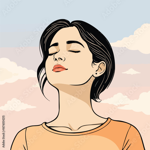 A woman in utter tranquility against a gentle, cloudy sky