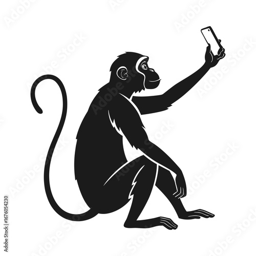 Monkey Selfie: A cheeky monkey is taking a selfie using a smartphone, blending the charm of primate with the ubiquity of technology