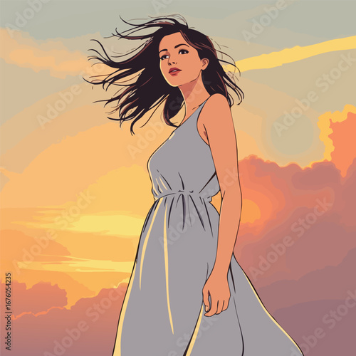 A romantic and peaceful scene of a woman at sunset