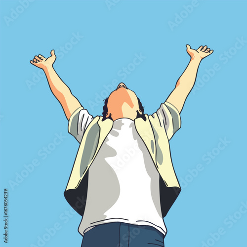 A person feeling the freedom of the open air against a blue sky