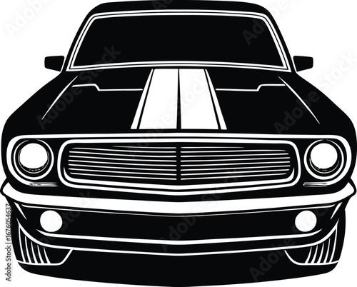 Vector art of detailed black and white graphic of a classic american muscle car from the front, showcasing its iconic grille and dual headlights, isolated on white