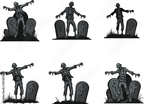 Zombie rising from grave, undead figure, creepy graveyard, horror art, walking zombie, apocalypse theme, creepy grave, animated illustration