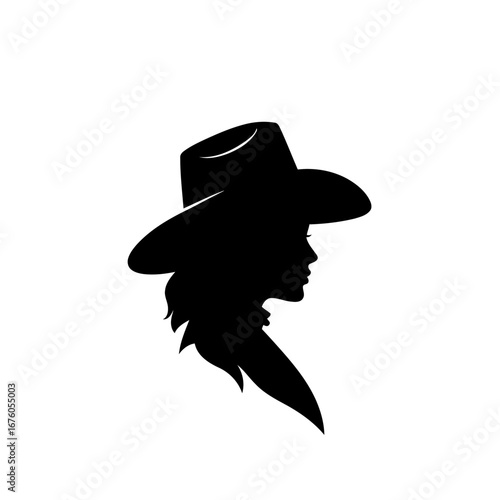 Silhouette of a beautiful cowgirl with long hair wearing a cowboy hat