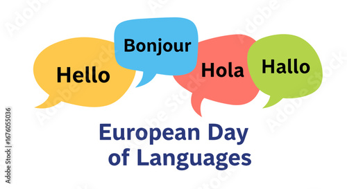 European day of languages with colorful speech bubbles displaying greetings in different languages.