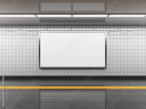 A blank horizontal billboard mockup on a white tiled wall in a modern subway station. Empty ad space with a yellow line.
