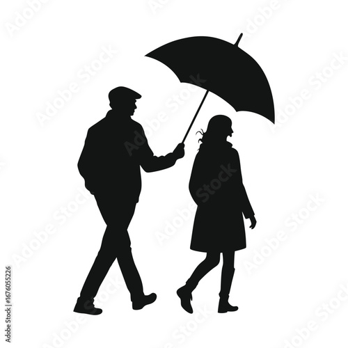 Silhouette Under the Umbrella: An embracing image of a person using an umbrella, offering shade to another, exemplifying care and protection during an inclement day.
