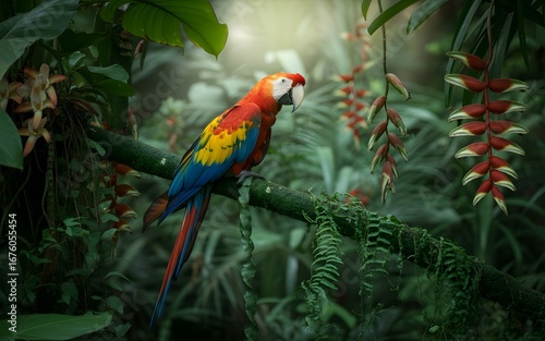 Wallpaper Mural Vibrant parrot perched on a branch amidst lush tropical foliage, showcasing nature's beauty and colorful wildlife in a rainforest setting. Torontodigital.ca