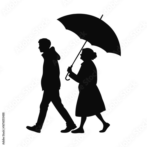 Silhouetted Strides Under a shared Umbrella: A tender moment captured in monochrome, a senior individual offering shelter to a younger person as they walk side by side.