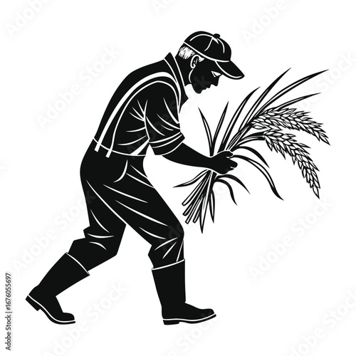 Farmer Harvesting Rice: A stylized illustration depicts a farmer diligently harvesting rice, representing the vital connection between agriculture and sustenance.