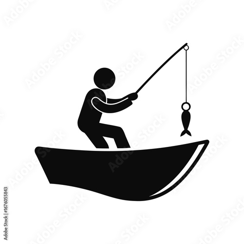Serene Angler: A minimalist illustration depicts a fisherman in his boat with fishing rod in hand, casting line to the ocean to seek his daily meal.
