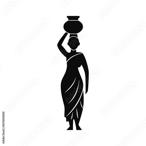 Simple Silhouette of Person with a Pot: A stark monochrome image of a person balancing a pot on their head, conveying the essence of tradition and resilience.