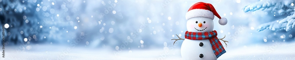 Fototapeta premium Snowman with colorful scarf and Santa style hat surrounded by sparkling snowy landscape and frosted trees shining in sunlight.