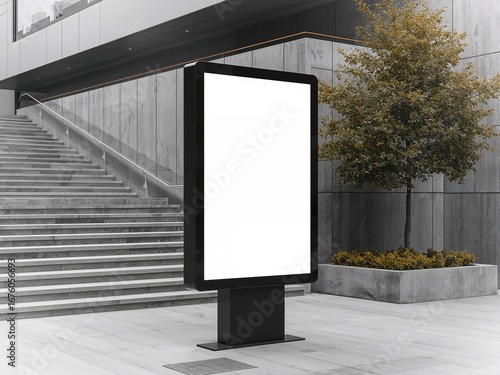 A blank vertical lightbox or digital sign mockup on a city sidewalk next to a modern building with stairs and a tree.