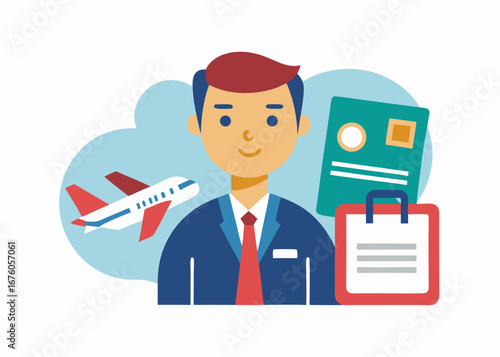 Travel agent with airplane and passport smiling