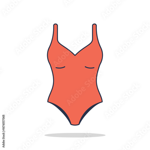 A simple flat design illustration of a coral one-piece women's swimsuit isolated on a white background.