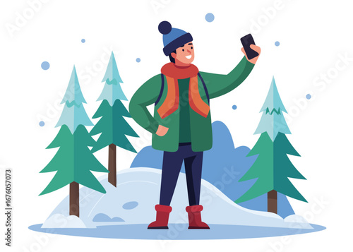 Man taking selfie in winter forest landscape