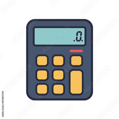 A simple, dark-colored electronic calculator with yellow buttons and a digital display showing zero.