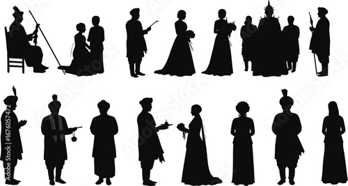 Traditional costume silhouettes, cultural ceremony, historical attire, ethnic figures, scroll and flower pose, ritual scene, heritage fashion, symbolic gesture, black icons