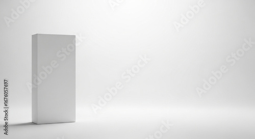 A blank white box stands on a matching white surface. The box is tall and narrow  like a blank canvas for product placement.  