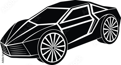 Vector art of sleek black sports car silhouette with a modern, angular design, isolated on a