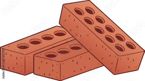 red clay construction bricks with holes stacked building materials illustration isolated on white background.