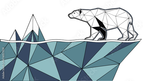 polar bear silhouette on geometric blue ice formation low poly arctic landscape illustration isolated on white background.