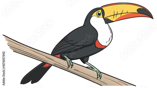 colorful toucan bird with large yellow orange beak perched on wooden branch isolated on white background.