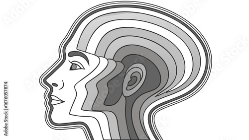 human head profile with concentric brain waves grayscale mental activity illustration isolated on white background.
