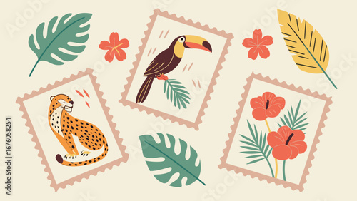 vintage tropical postage stamps collection toucan leopard botanical nature design elements 