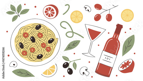 italian pizza wine ingredients mediterranean cuisine food illustration cooking elements isolated on white background.