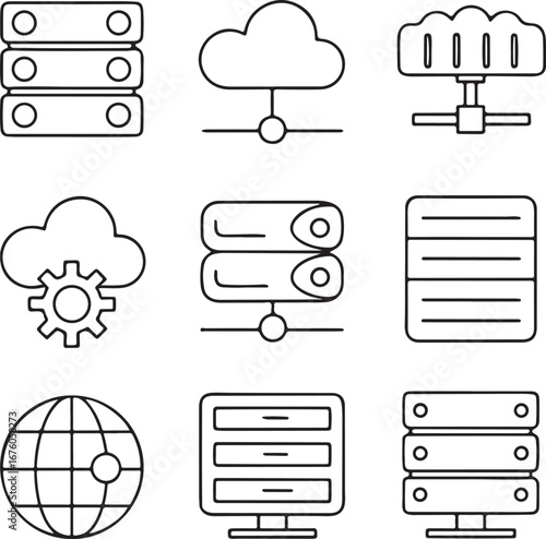 Web hosting thin line icons, web hosting server, web hosting domain, web hosting cloud, web hosting VPS, secure hosting shield, cPanel, database hosting, modern hosting services