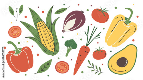 colorful fresh vegetables fruits illustration corn pepper tomato avocado produce pattern isolated on white background.