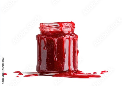 A glass jar of red jam, overflowing and dripping