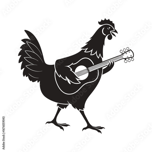 Rocking Rooster: A cool rooster serenades with its guitar. This image uses a creative silhouette and black and white style to captivate your attention.