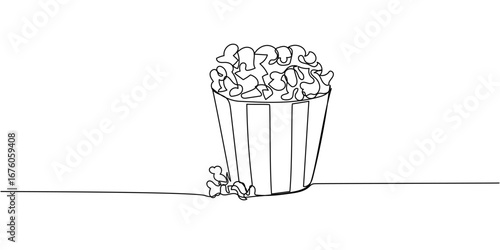 Minimalist black outline of a bucket of popcorn, clean linear cinema snack icon for movies, fun, and entertainment
