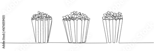 Three buckets of popcorn in line art, minimalist black outline of cinema snack in various shapes and sizes